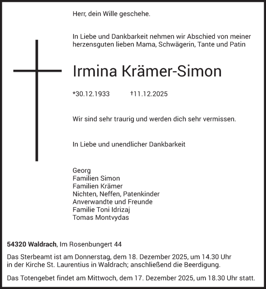 Traueranzeige von Irmina Krämer-Simon von trierischer_volksfreund