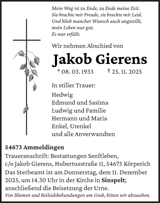 Traueranzeige von Jakob Gierens von trierischer_volksfreund