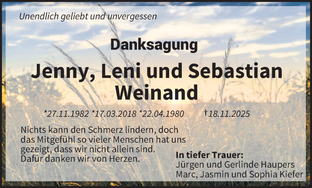  Traueranzeige für Jenny Leni  Weinand vom 09.12.2025 aus trierischer_volksfreund
