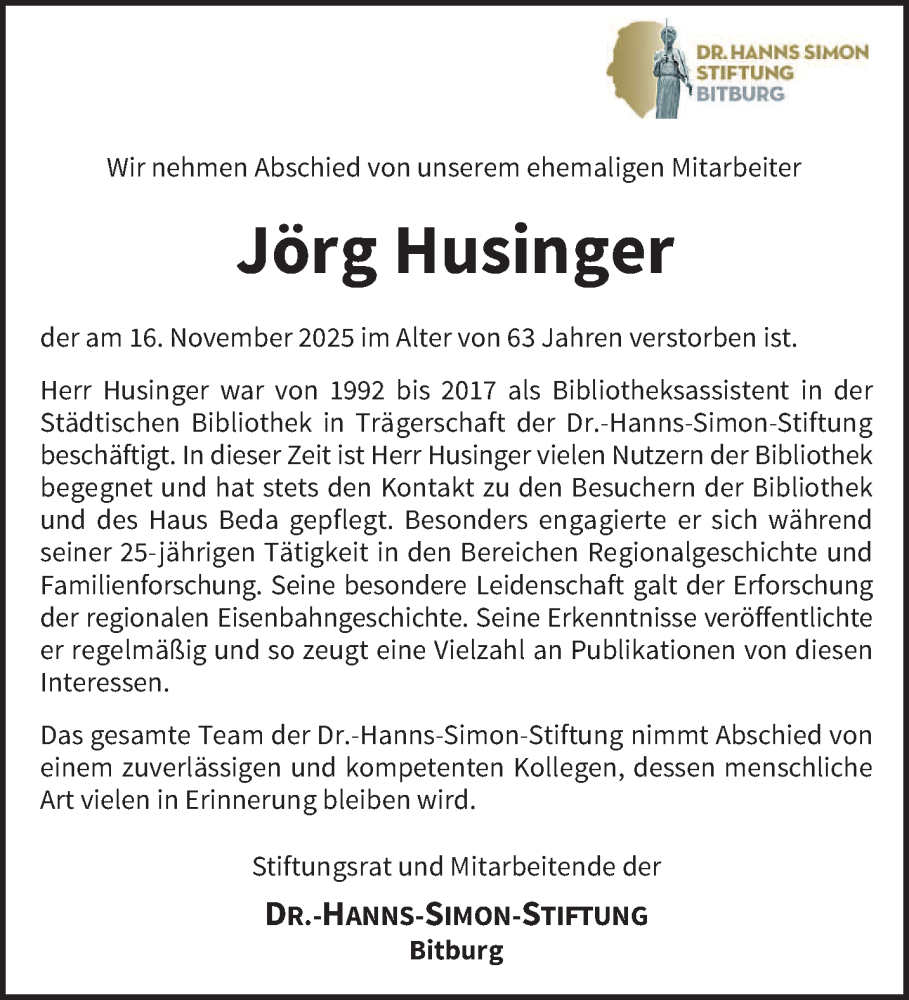  Traueranzeige für Jörg Husinger vom 29.11.2025 aus trierischer_volksfreund