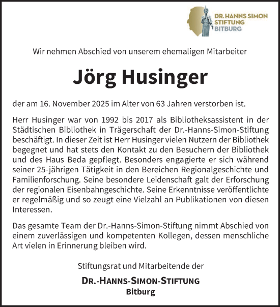 Traueranzeige von Jörg Husinger von trierischer_volksfreund