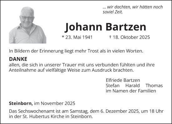 Traueranzeige von Johann Bartzen von trierischer_volksfreund