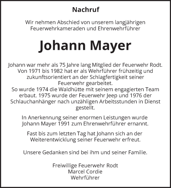 Traueranzeige von Johann Mayer von trierischer_volksfreund
