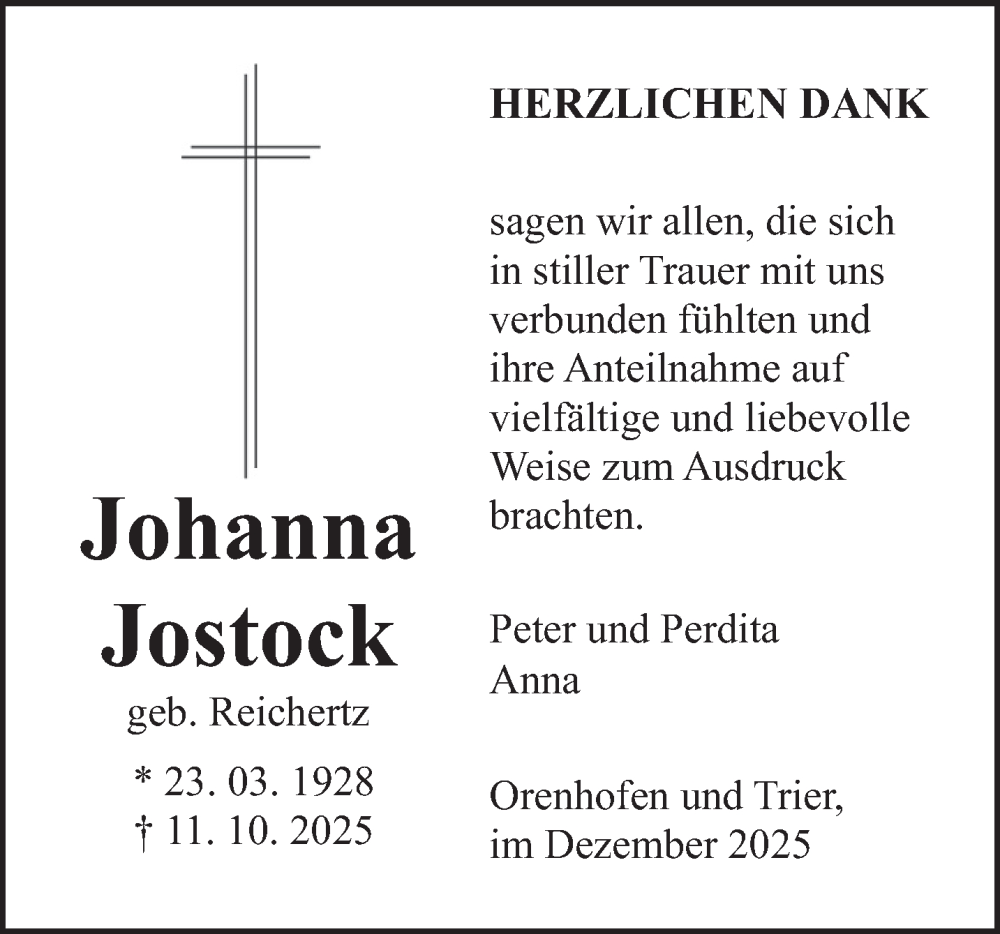  Traueranzeige für Johanna Jostock vom 29.11.2025 aus trierischer_volksfreund