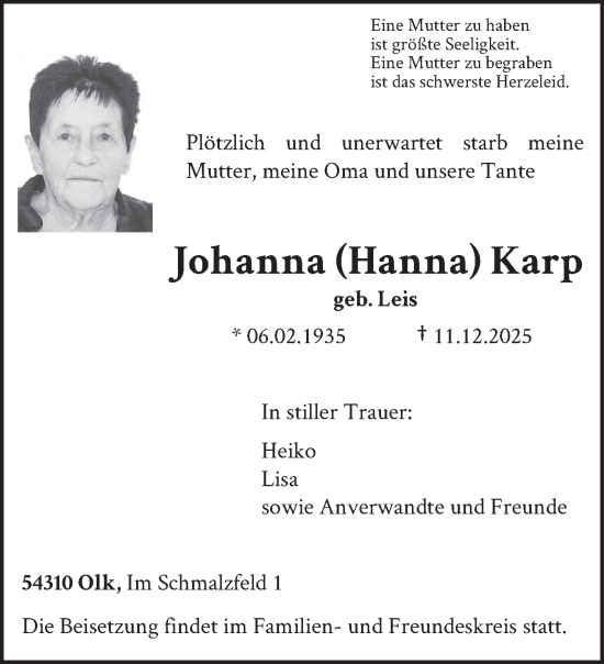 Traueranzeige von Johanna Karp von trierischer_volksfreund