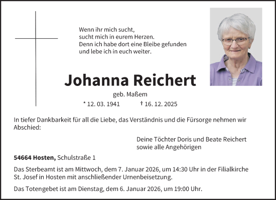 Traueranzeige von Johanna Reichert von trierischer_volksfreund