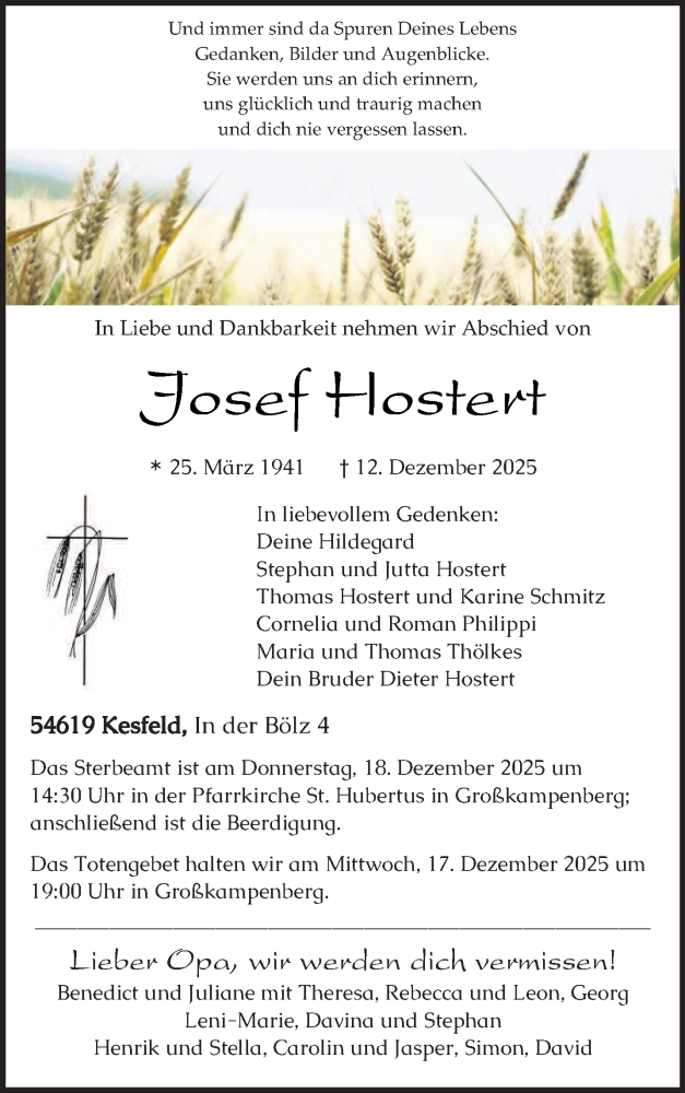  Traueranzeige für Josef Hostert vom 16.12.2025 aus trierischer_volksfreund