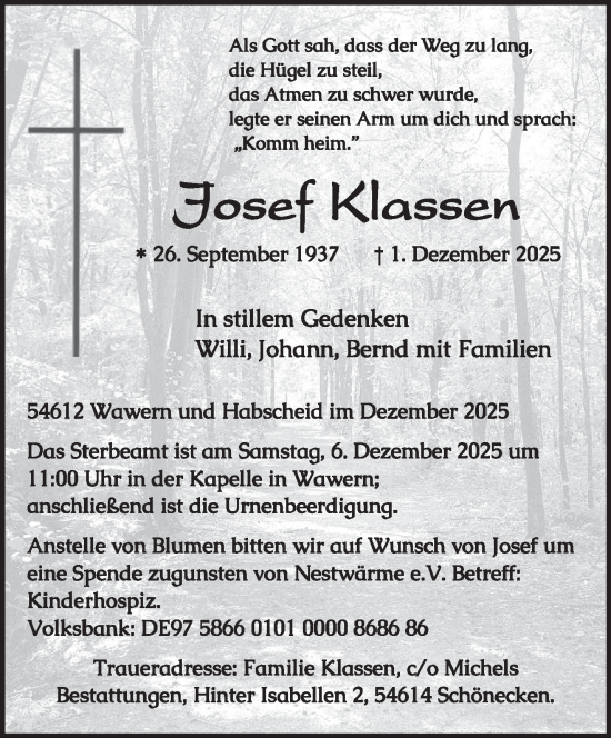 Traueranzeige von Josef Klassen von trierischer_volksfreund