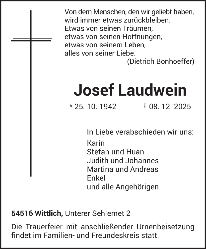  Traueranzeige für Josef Laudwein vom 13.12.2025 aus trierischer_volksfreund