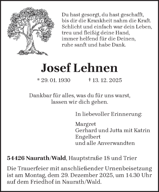 Traueranzeige von Josef Lehnen von trierischer_volksfreund