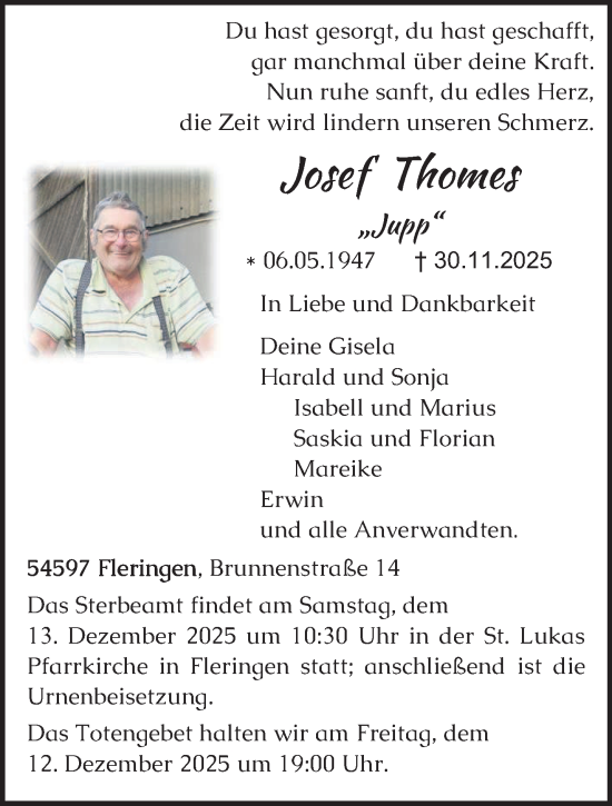 Traueranzeige von Josef Thomes von trierischer_volksfreund