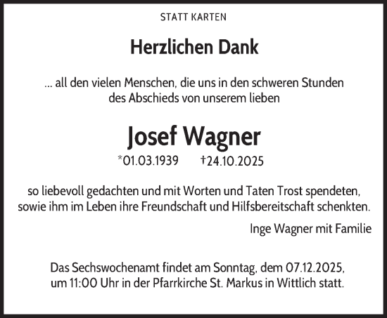 Traueranzeige von Josef Wagner von trierischer_volksfreund