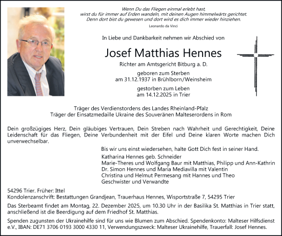 Traueranzeige von Josef Matthias Hennes von trierischer_volksfreund