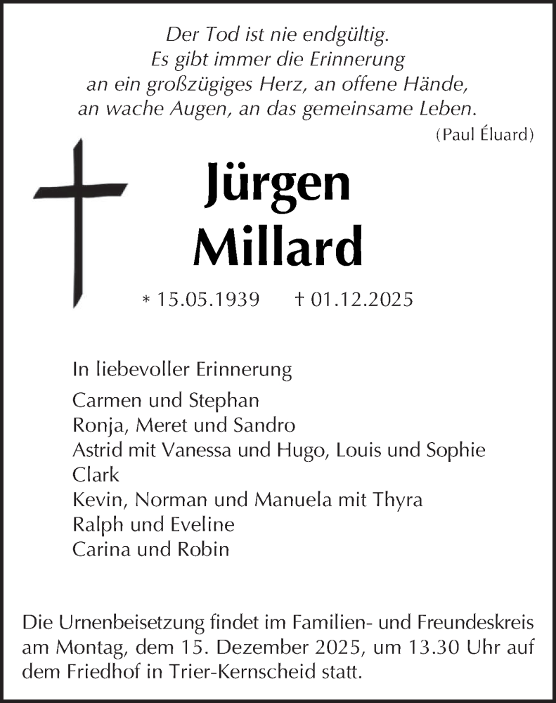  Traueranzeige für Jürgen Millard vom 10.12.2025 aus trierischer_volksfreund