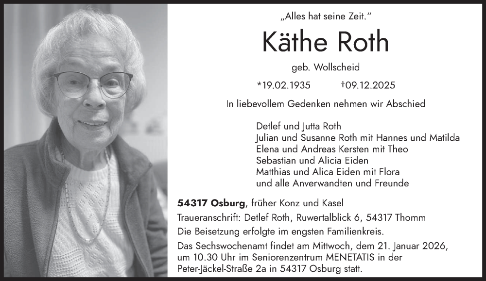  Traueranzeige für Käthe Roth vom 20.12.2025 aus trierischer_volksfreund