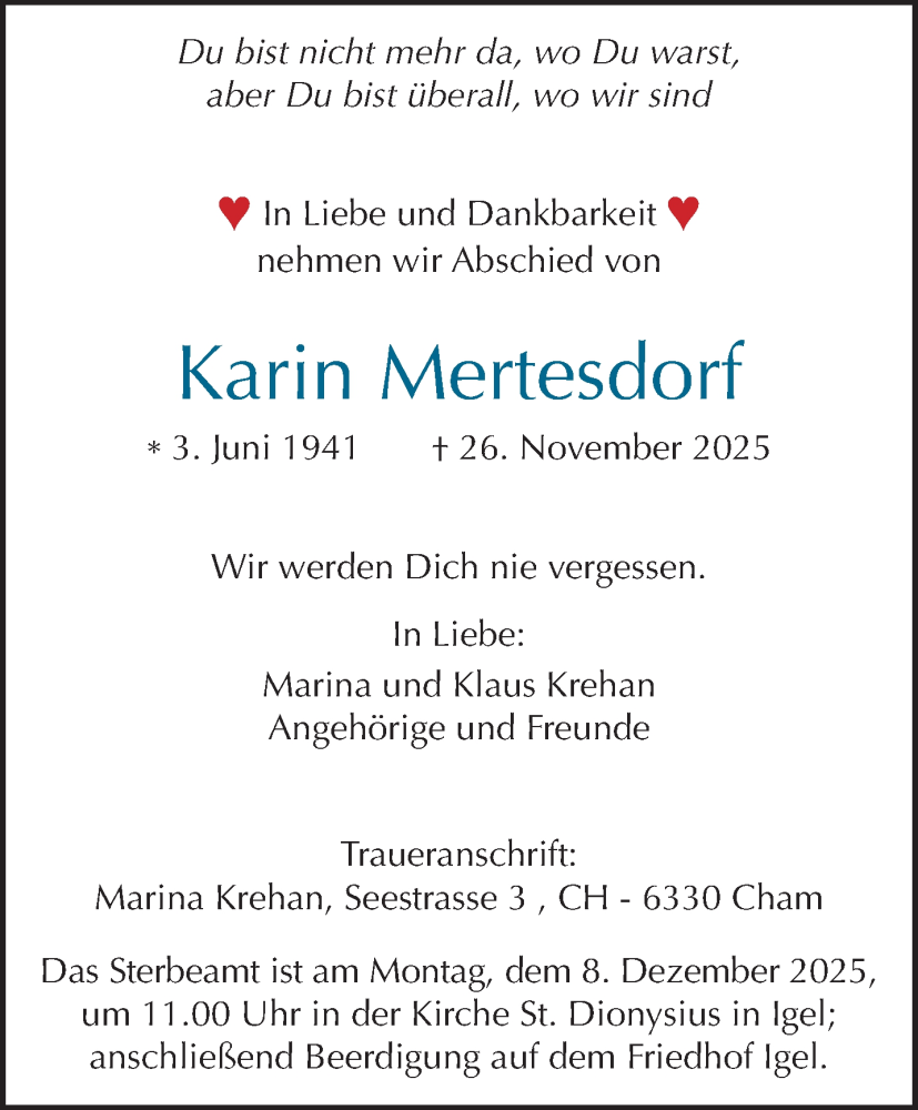  Traueranzeige für Karin Mertesdorf vom 03.12.2025 aus trierischer_volksfreund