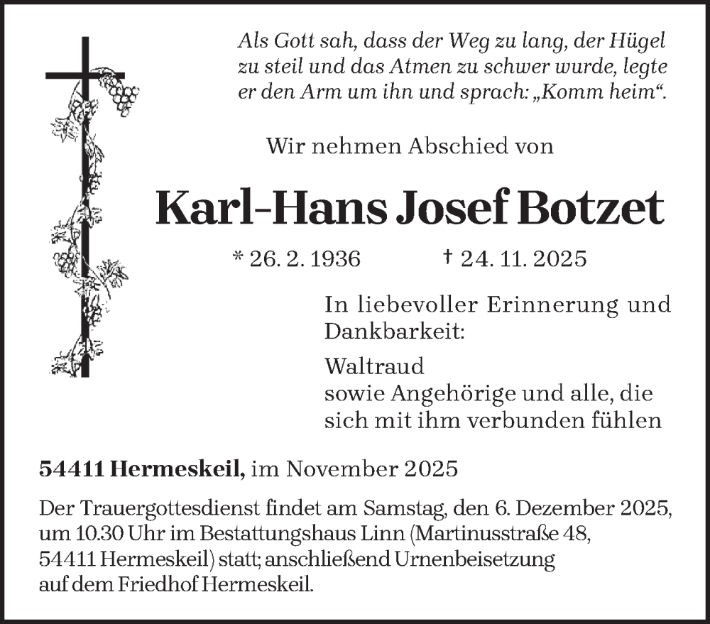  Traueranzeige für Karl-Hans Josef Botzet vom 29.11.2025 aus trierischer_volksfreund