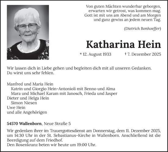Traueranzeige von Katharina Hein von trierischer_volksfreund