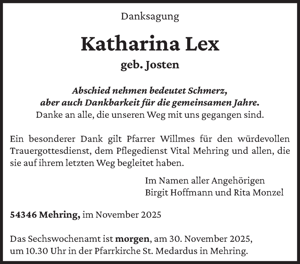  Traueranzeige für Katharina Lex vom 29.11.2025 aus trierischer_volksfreund