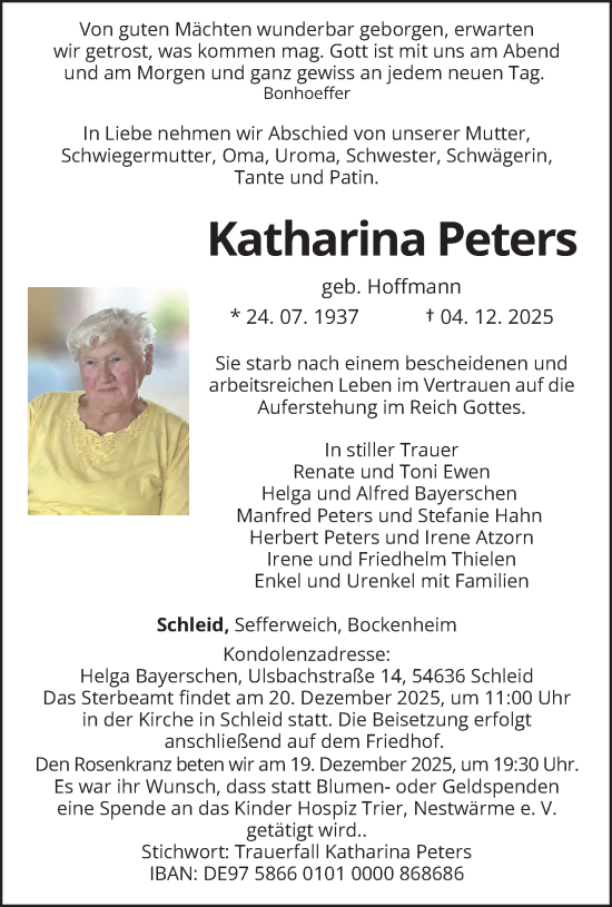 Traueranzeige von Katharina Peters von trierischer_volksfreund