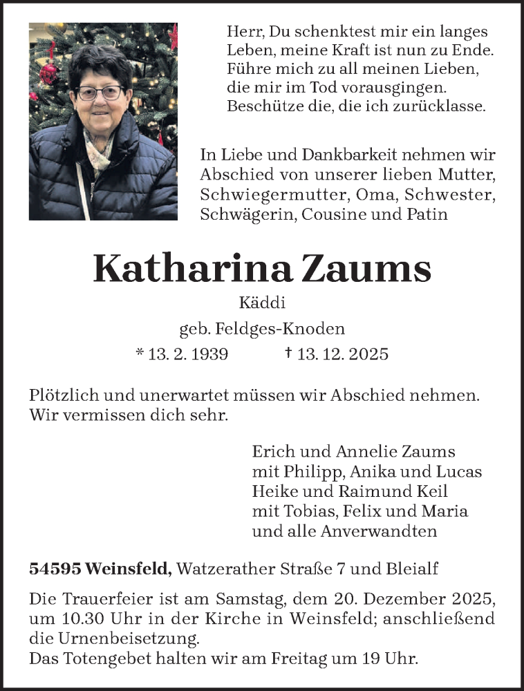  Traueranzeige für Katharina Zaums vom 17.12.2025 aus trierischer_volksfreund