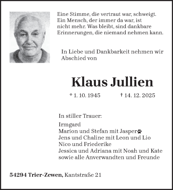 Traueranzeige von Klaus Jullien von trierischer_volksfreund