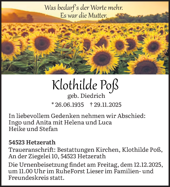 Traueranzeige von Klothilde Poß von trierischer_volksfreund
