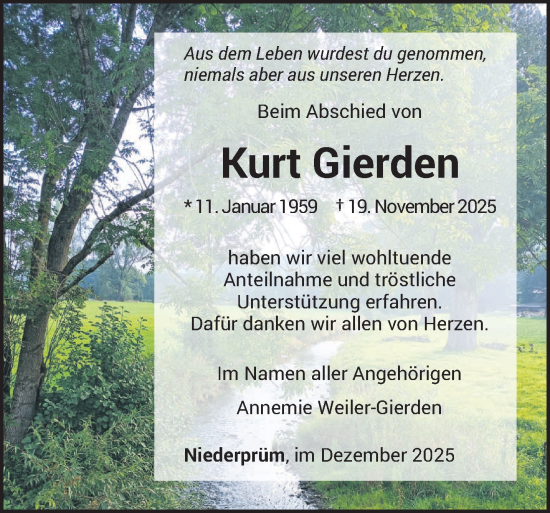Traueranzeige von Kurt Gierden von trierischer_volksfreund