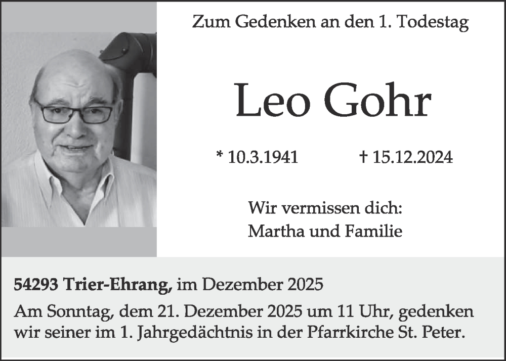  Traueranzeige für Leo Gohr vom 20.12.2025 aus trierischer_volksfreund