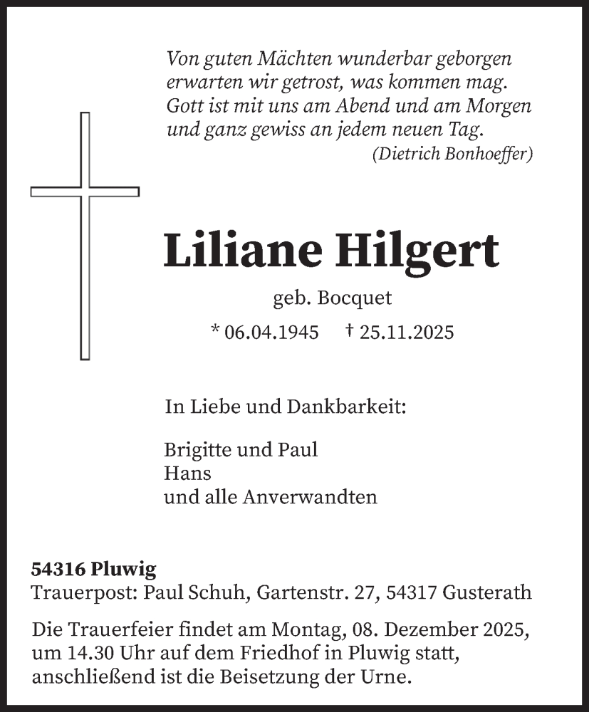  Traueranzeige für Liliane Hilgert vom 29.11.2025 aus trierischer_volksfreund
