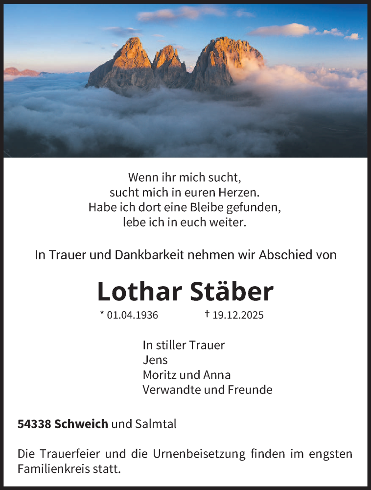  Traueranzeige für Lothar Stäber vom 27.12.2025 aus trierischer_volksfreund
