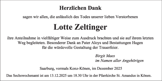 Traueranzeige von Lotte Zeltinger von trierischer_volksfreund
