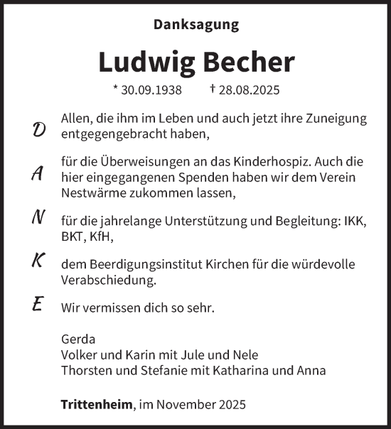 Traueranzeige von Ludwig Becher von trierischer_volksfreund