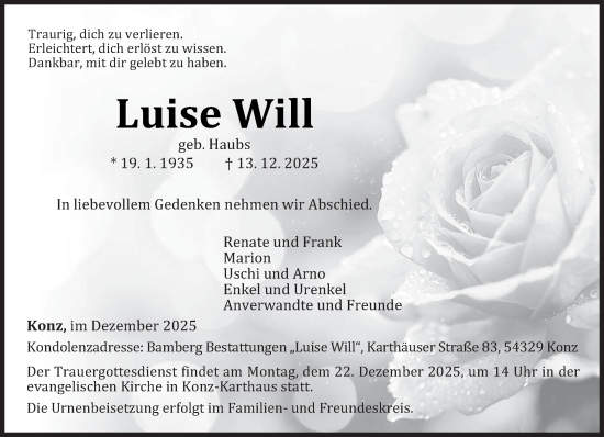 Traueranzeige von Luise Will von trierischer_volksfreund