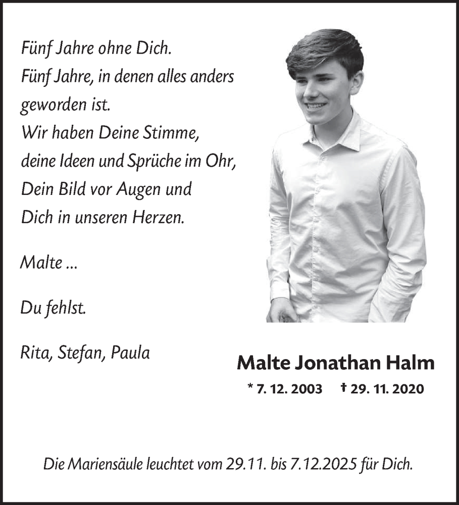  Traueranzeige für Malte Jonathan Halm vom 29.11.2025 aus trierischer_volksfreund