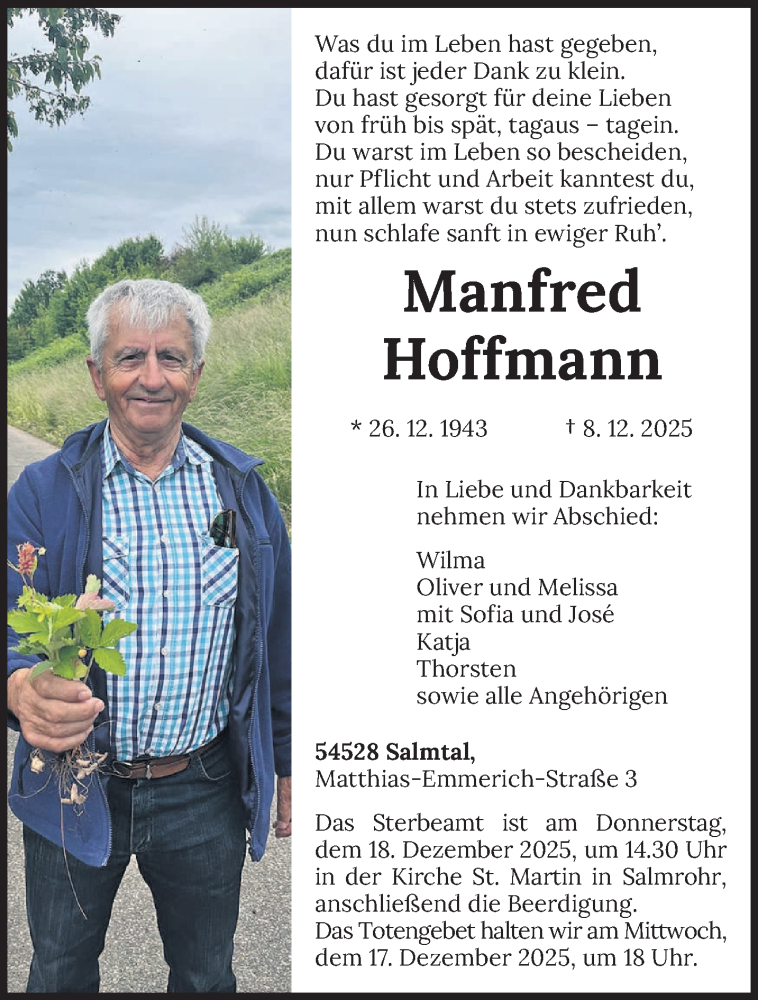  Traueranzeige für Manfred Hoffmann vom 13.12.2025 aus trierischer_volksfreund