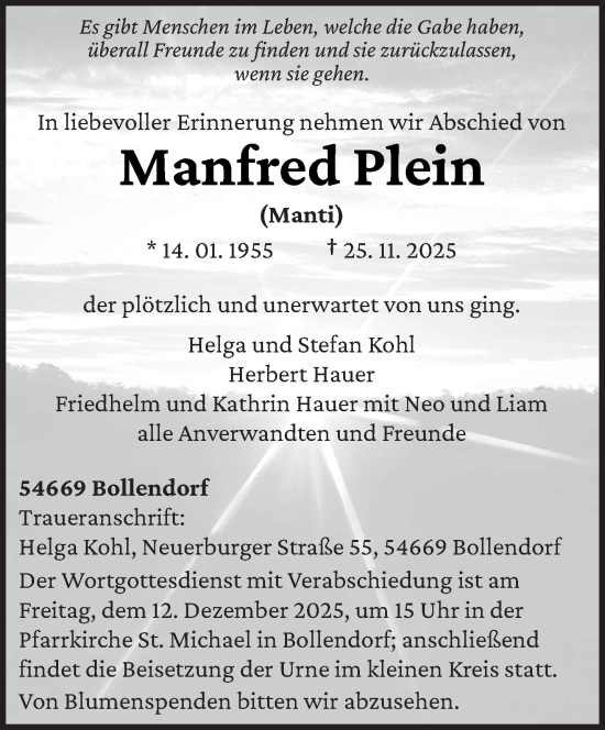 Traueranzeige von Manfred Plein von trierischer_volksfreund