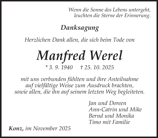 Traueranzeige von Manfred Werel von trierischer_volksfreund