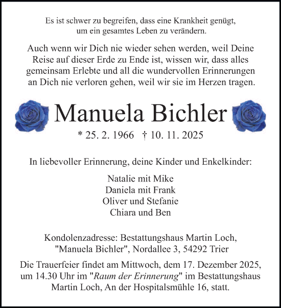 Traueranzeige von Manuela Bichler von trierischer_volksfreund