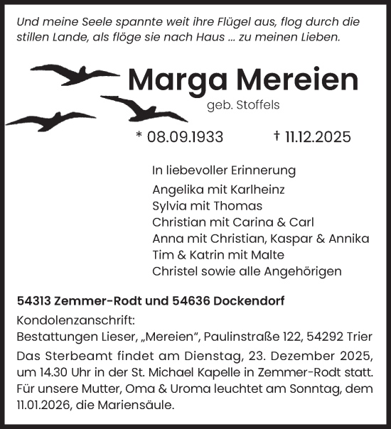 Traueranzeige von Marga Mereien von trierischer_volksfreund