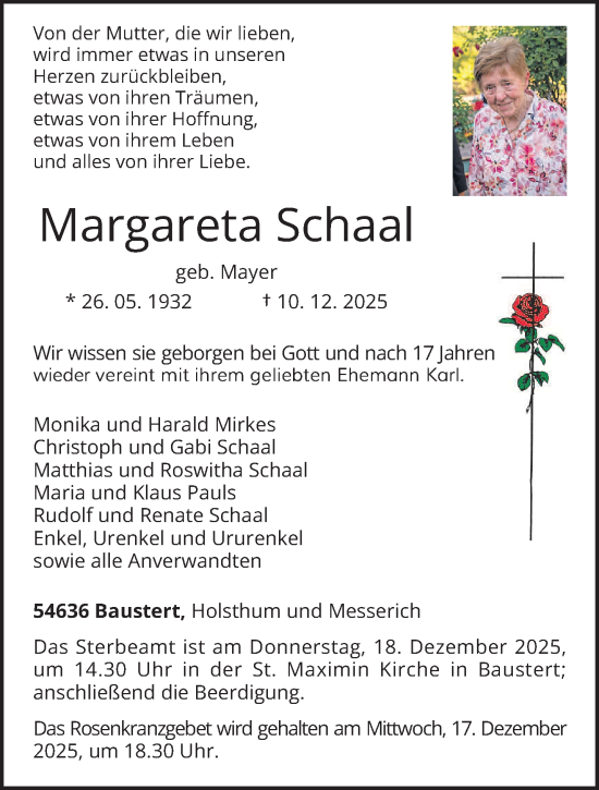 Traueranzeige von Margareta Schaal von trierischer_volksfreund