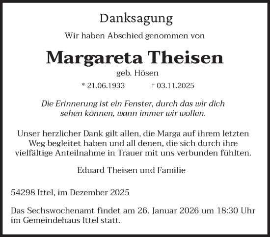 Traueranzeige von Margareta Theisen von trierischer_volksfreund