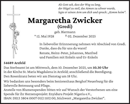 Traueranzeige von Margaretha Zwicker von trierischer_volksfreund