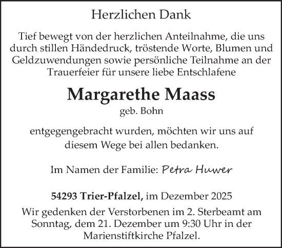 Traueranzeige von Margarethe Maass von trierischer_volksfreund
