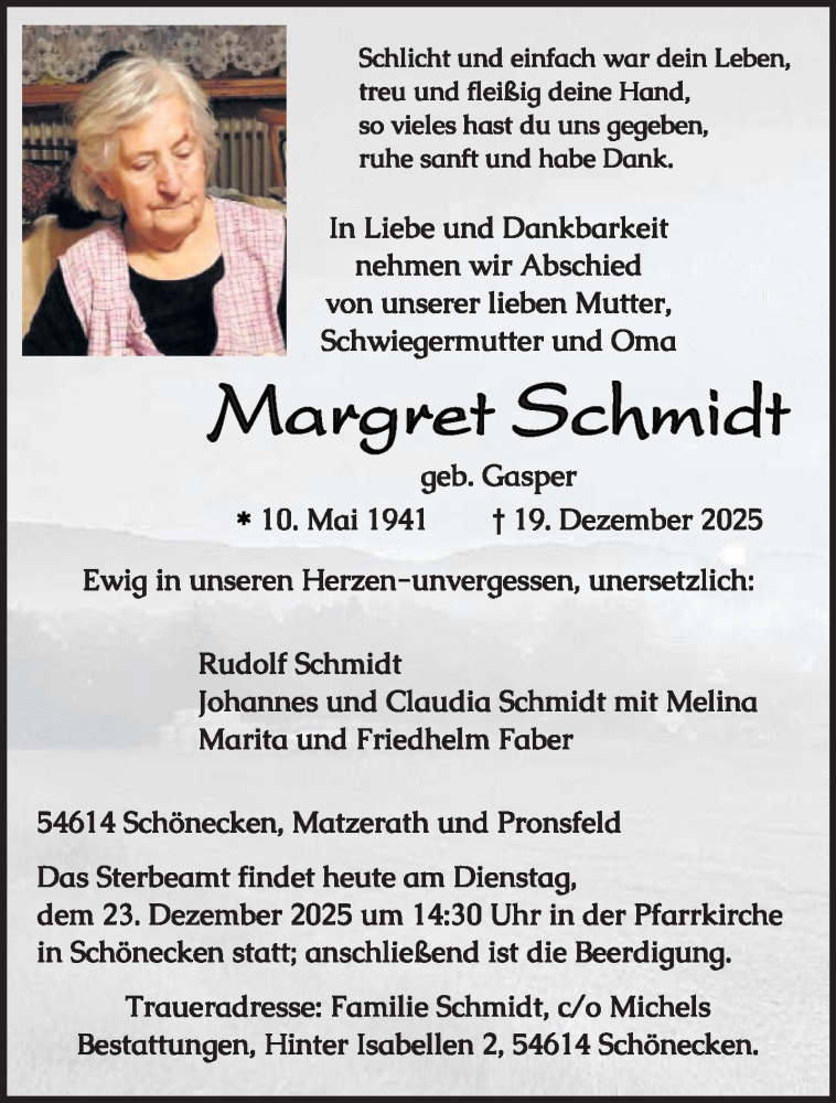  Traueranzeige für Margret Schmidt vom 23.12.2025 aus trierischer_volksfreund