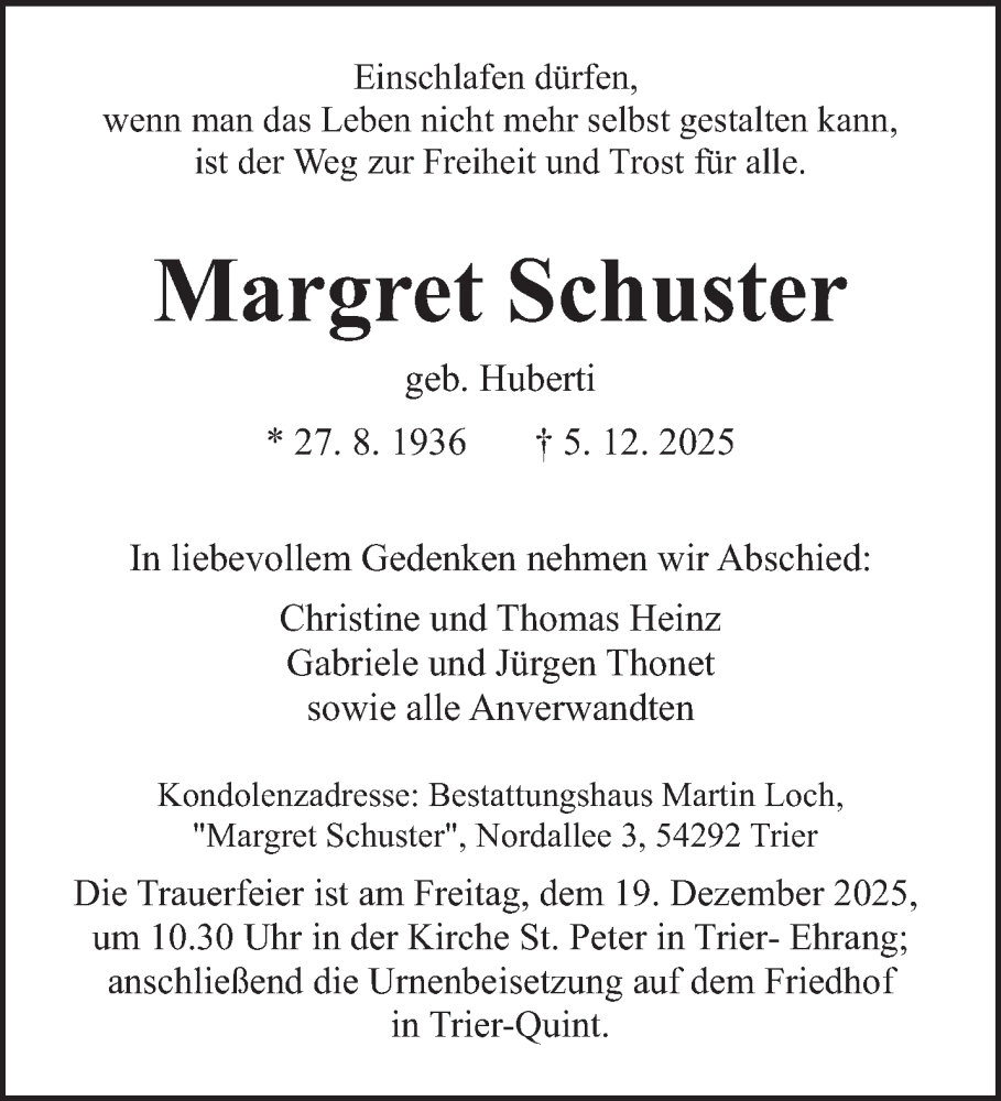  Traueranzeige für Margret Schuster vom 13.12.2025 aus trierischer_volksfreund