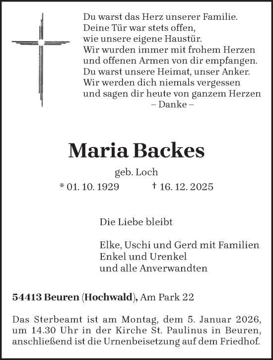 Traueranzeige von Maria Backes von trierischer_volksfreund