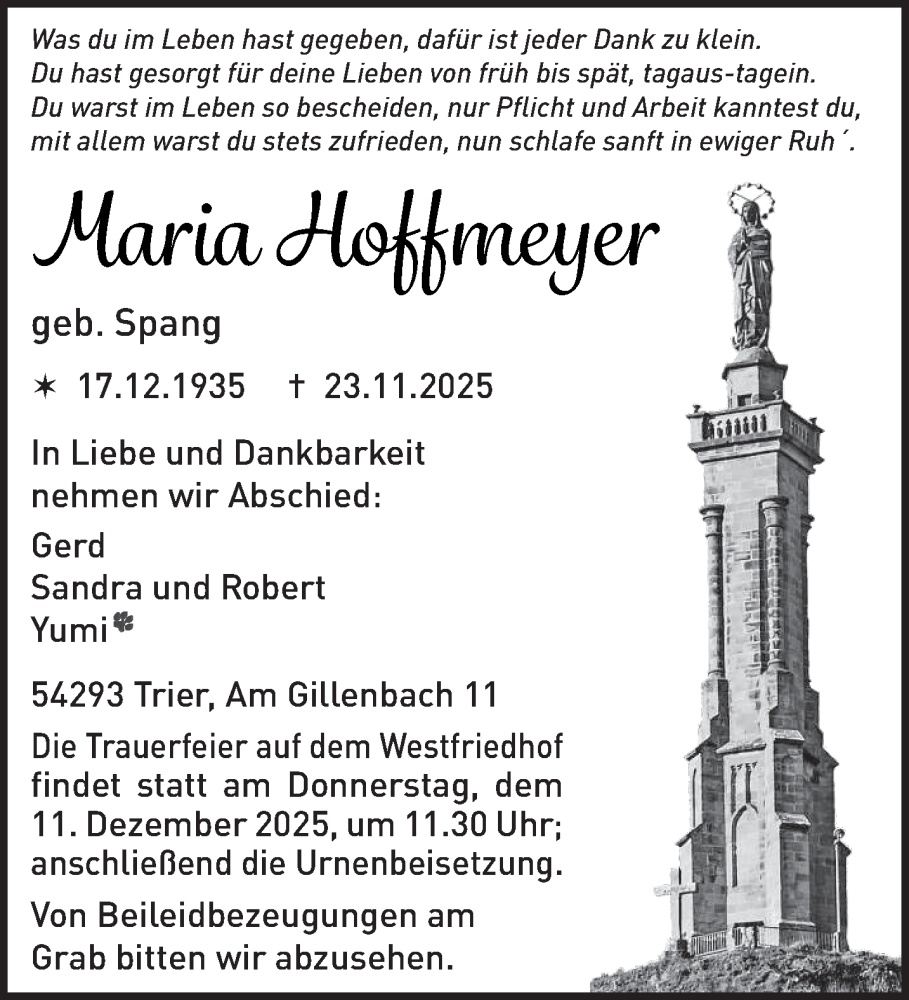  Traueranzeige für Maria Hoffmeyer vom 03.12.2025 aus trierischer_volksfreund