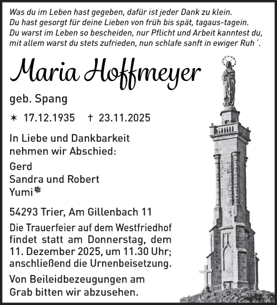 Traueranzeige von Maria Hoffmeyer von trierischer_volksfreund
