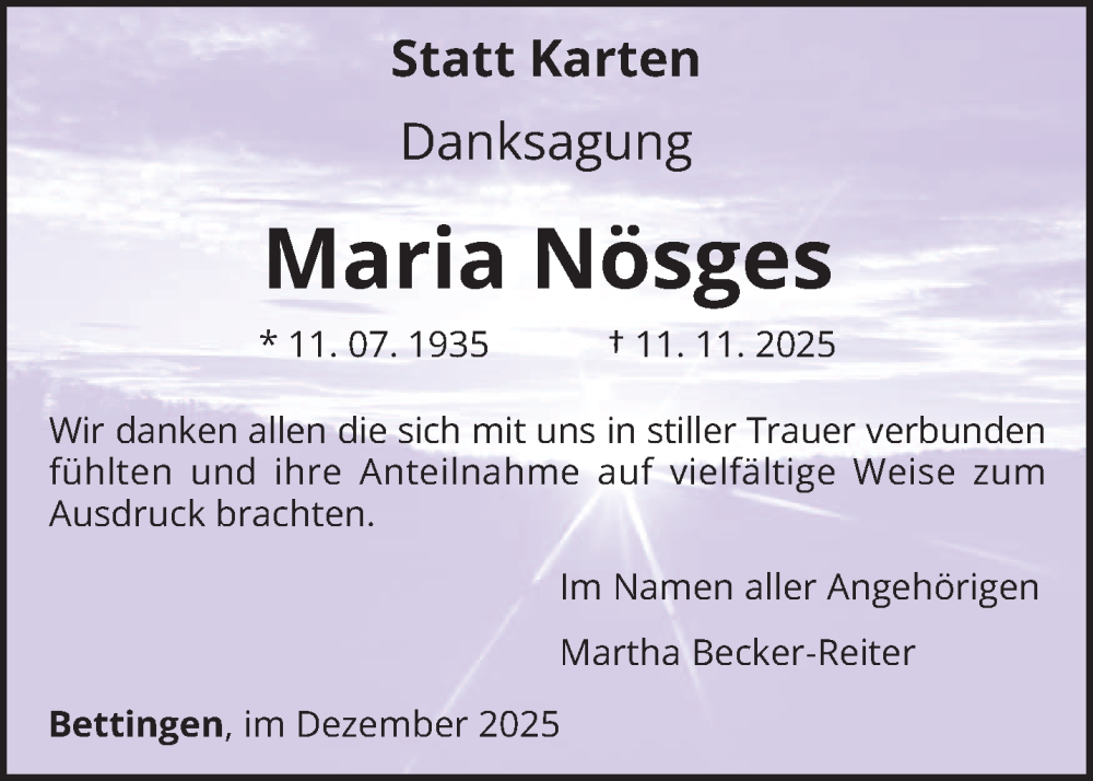  Traueranzeige für Maria Nösges vom 13.12.2025 aus trierischer_volksfreund